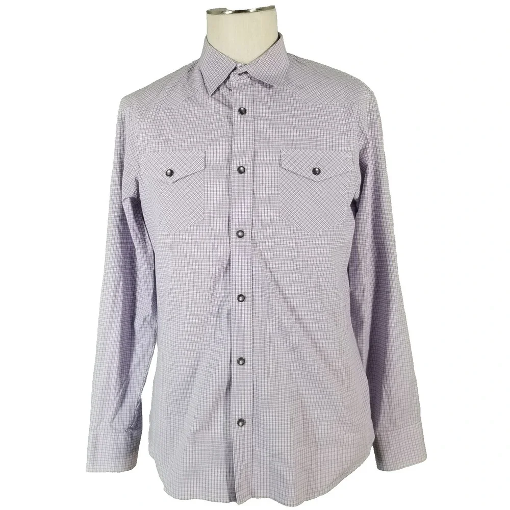 Banana Republic Shirt Mens M Purple Plaid Western Pearl Snap Retro Flex Stretch